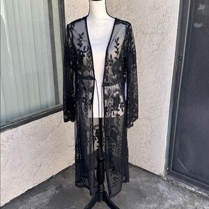 Black Long Lace Cover Up Jacket Kimono W/Tassle Tie Sz. XL by Story On